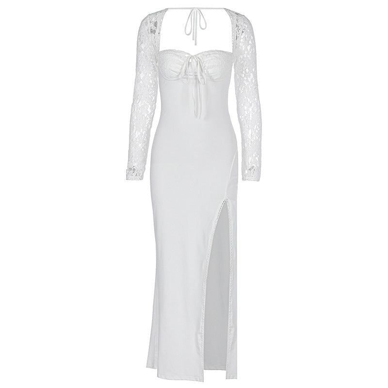 Autumn Women Wear Low Cut Self Tie Lace Slim Fit Slit Sexy Dress