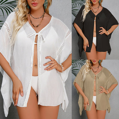 Sun Protective Clothing Vacation Sexy Loose Lace Band Sun Protection Casual Short Hollow Out Cutout Cardigan