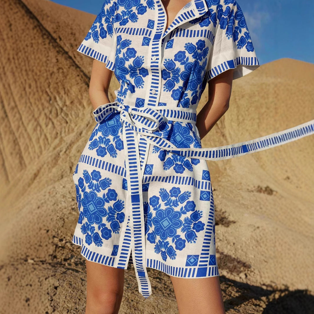 Summer Trade Casual Women Clothing Printed Lace up Dress XUYUN