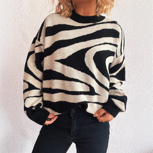 Pull en maille pour femme, automne, motif zèbre, col rond, style shabby chic.