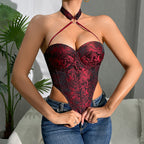 Chinese Retro Rose Sexy Tube Top Vest Women Design Irregular Asymmetric Slim Fit Top Bella