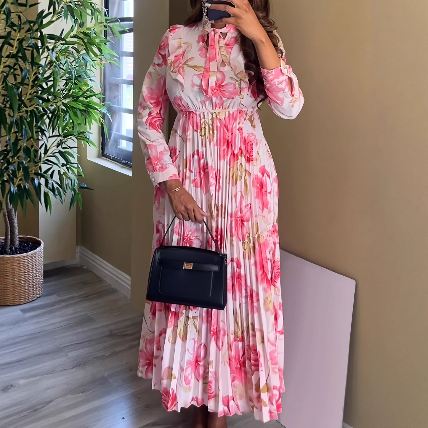 Women Elegant Vacation Waist Trimming Printing Long Sleeve Pleated A line Dress