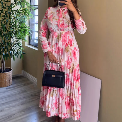 Women Elegant Vacation Waist Trimming Printing Long Sleeve Pleated A line Dress