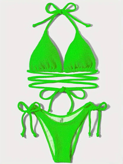 Lace Up Bikini Solid Color Triangle Bag Women Swimsuit Sexy Backless Swimsuit