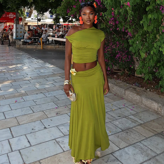 Women Clothing Summer One Shoulder Pleated Slim Fit Skirt Set