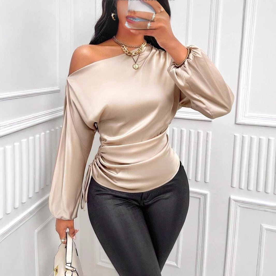 Women Clothes Satin Shirt Autumn Winter Asymmetric Long Sleeve Diagonal Collar Shirt Top