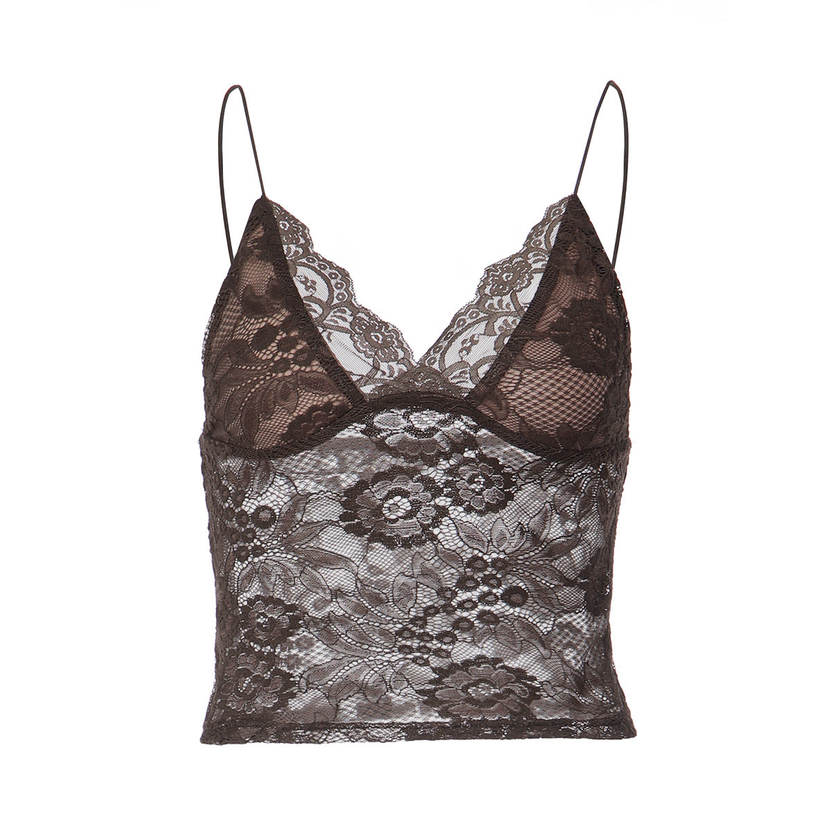 Débardeur bandeau sexy en dentelle transparente à fines bretelles, coupe ajustée et décolleté plongeant.