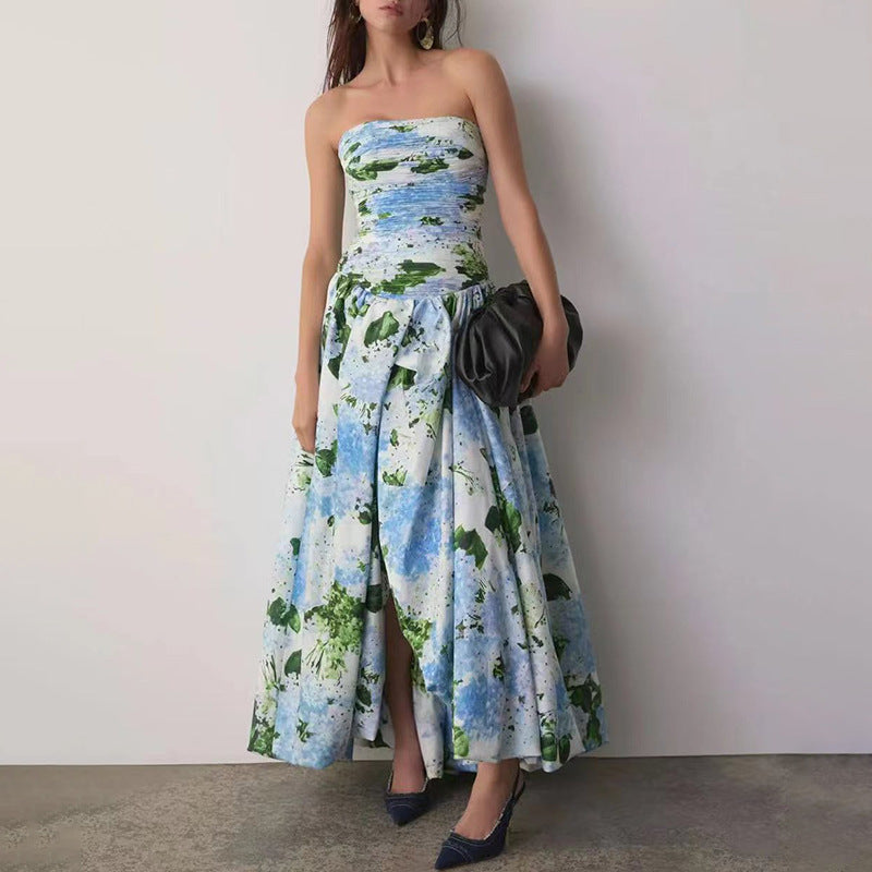 Seaside Vacation Dress for Women Summer Fresh Printed Sleeveless Tube Top Tight Waist Slimming Slit Maxi Dress Ory