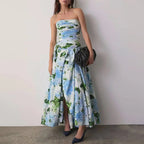 Seaside Vacation Dress for Women Summer Fresh Printed Sleeveless Tube Top Tight Waist Slimming Slit Maxi Dress Ory