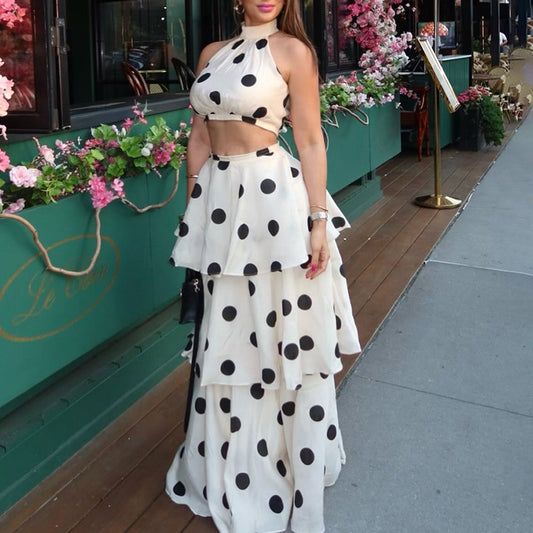 French Polka Dot Sweet Sexy Women ummer Halter Sleeveless Vest High Waist Flounced Skirt Set