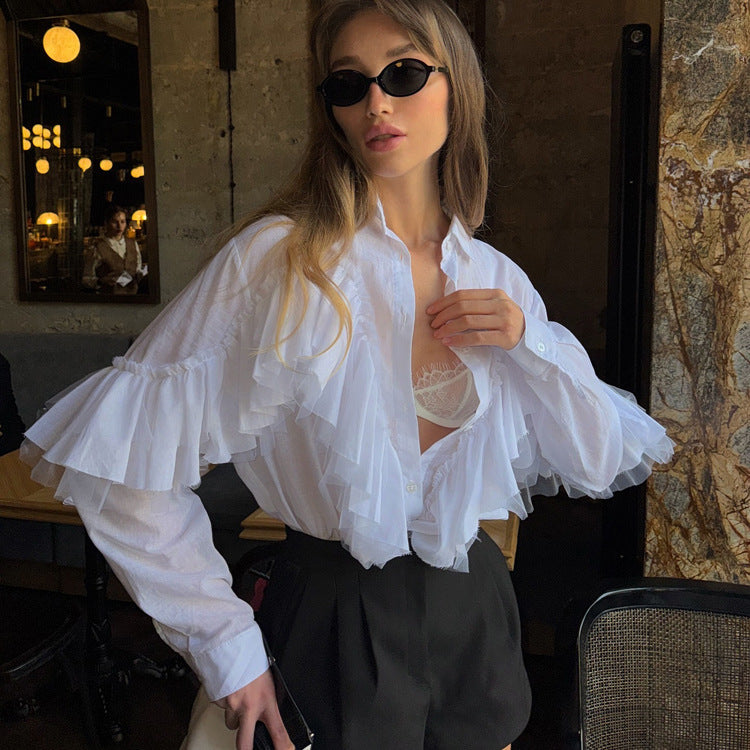 Chemise blanche à volants de style français pour femme, col polo, manches longues, style automne, idéale pour le bureau ou toute autre occasion.