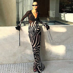Summer Color Contrast Printed Sexy V neck Mesh Long Sleeve Dress Cecil