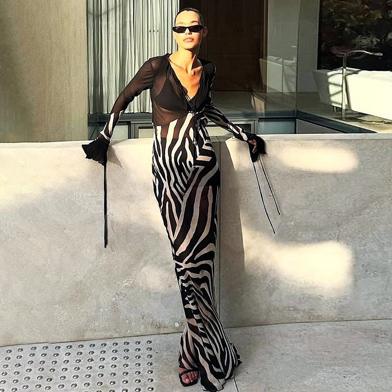 Summer Color Contrast Printed Sexy V neck Mesh Long Sleeve Dress Cecil