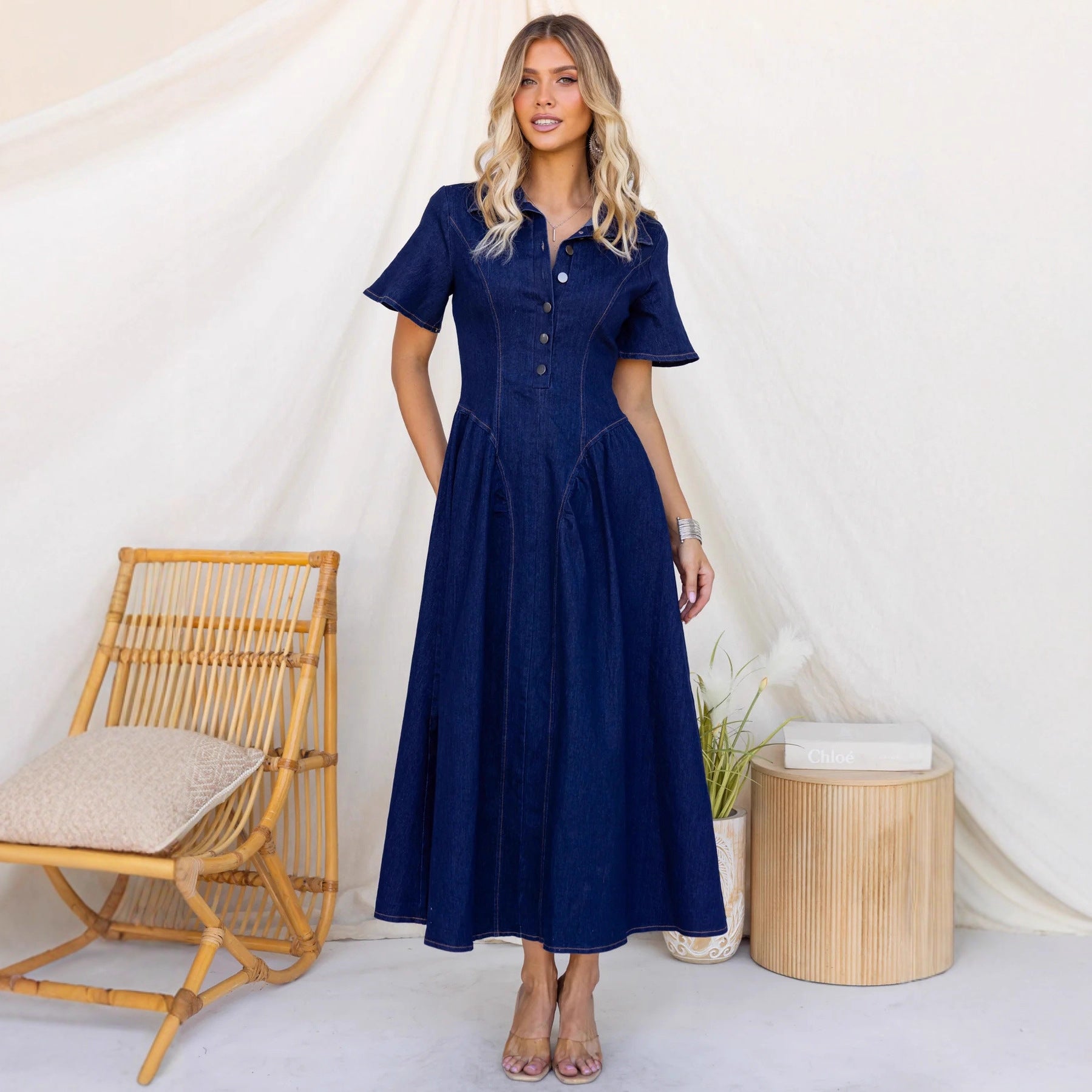 Spring Elegant Waist Women Denim Short Sleeve Large Swing A line Dress YooYoung