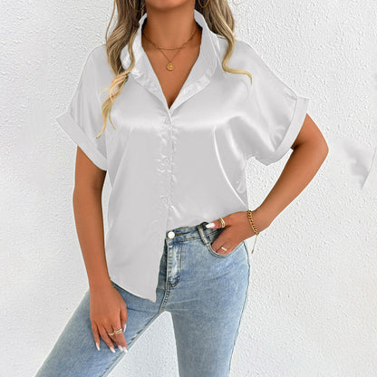 Women Clothes Summer Blue Color Satin Shirt Women Satin Shirt