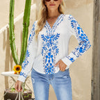 Camisa superior con estampado étnico, cuello en V, informal, de manga larga, ropa para mujer