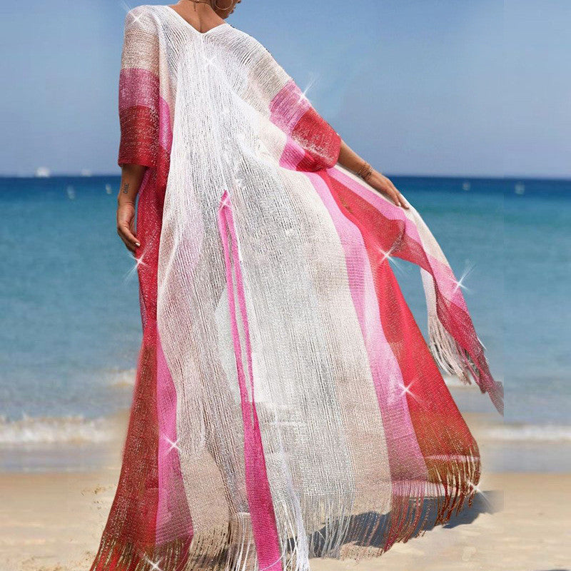 Mesh Color Matching Beach Cover up Sexy Cardigan Loose Fitting Tassel Sun Protection Shirt Beach Cover Up