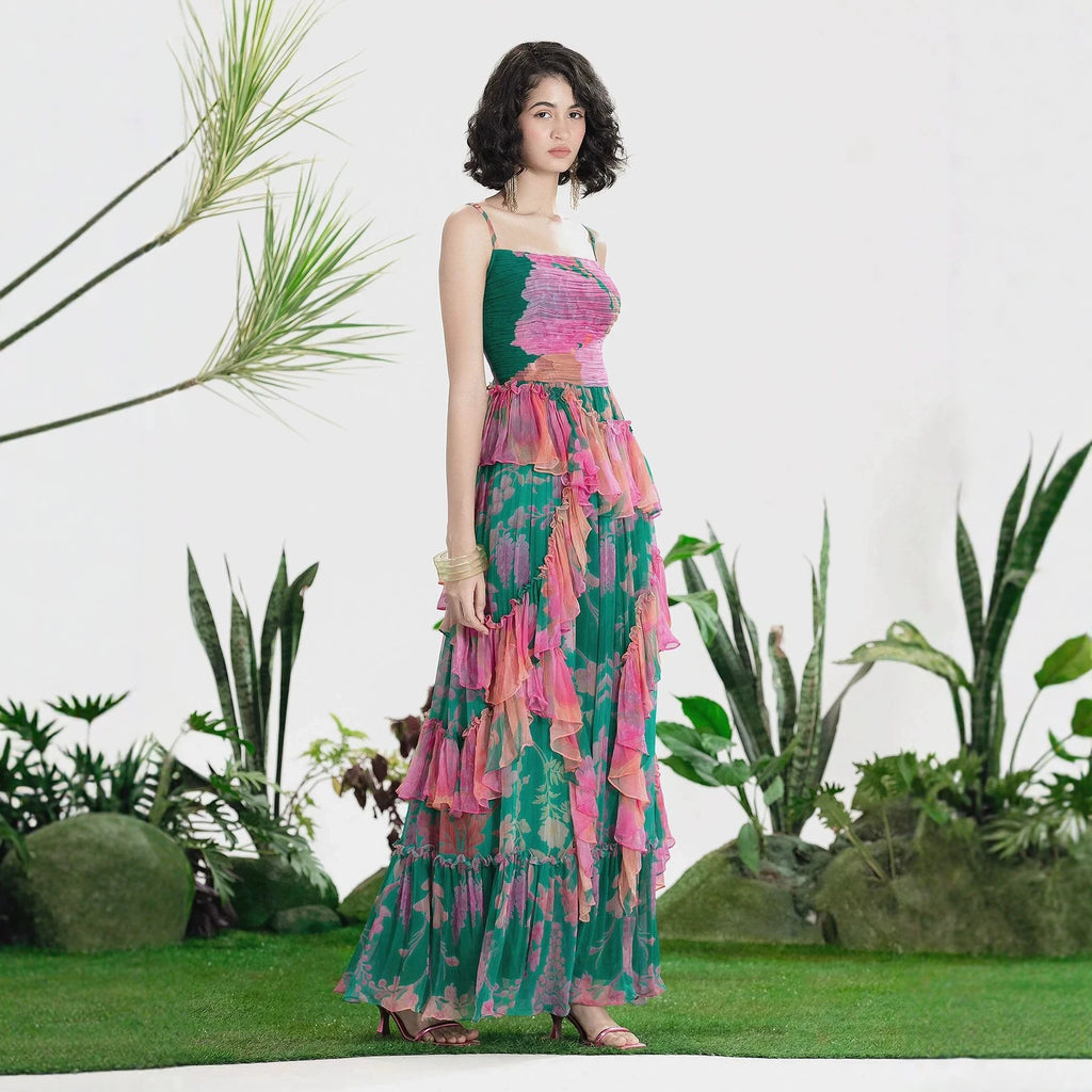 Autumn Floral Print Pleated Suspender Chiffon Midi Dress XUYUN