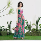 Autumn Floral Print Pleated Suspender Chiffon Midi Dress XUYUN