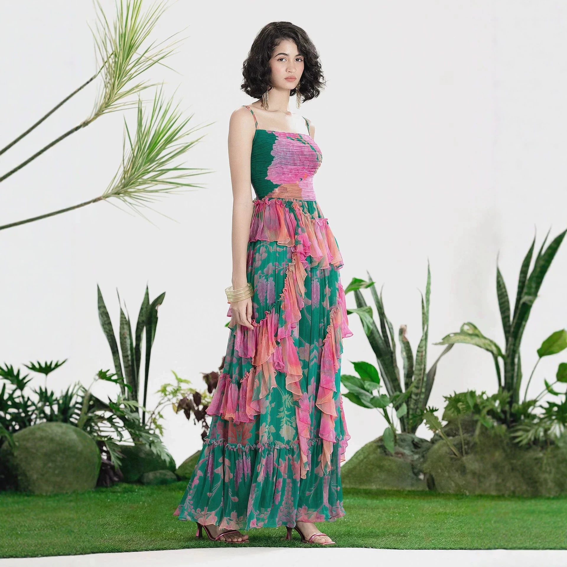 Autumn Floral Print Pleated Suspender Chiffon Midi Dress XUYUN