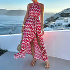 Women Clothing Spring Summer Sexy Print Halter Beach Vacation Mid Length Dress CONY