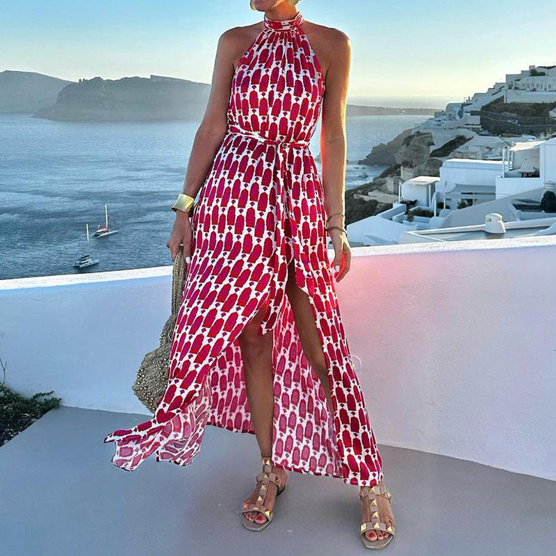 Women Clothing Spring Summer Sexy Print Halter Beach Vacation Mid Length Dress CONY