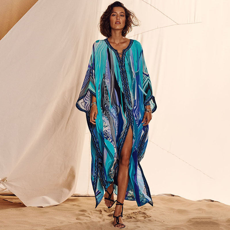 Vestido playero elástico de cuatro lados con estampado azul para mujer, ideal para vacaciones, bikini, traje de baño, blusa y camisa de protección solar