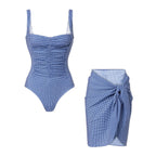 Korean Blue White Plaid Square Collar Pleating One Piece Swimsuit Women Two Piece Set Spring Vacation Swimsuit Set ShineRealm