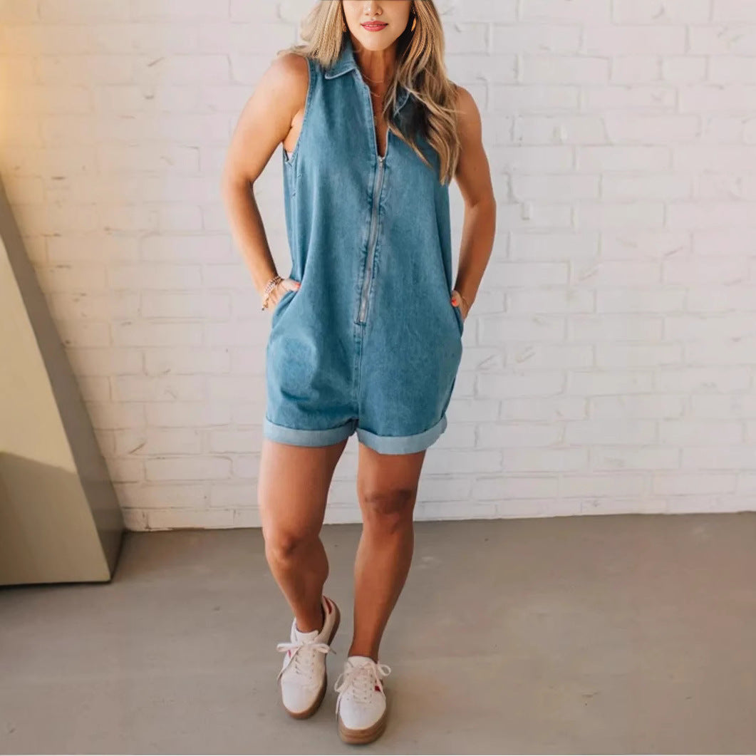 Mono vaquero con cremallera y cuello polo sin mangas de color liso para mujer