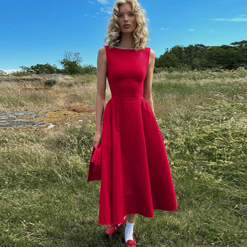Women Clothing Summer Solid Color Sleeveless Waist Slim Backless Dress Flash Vision