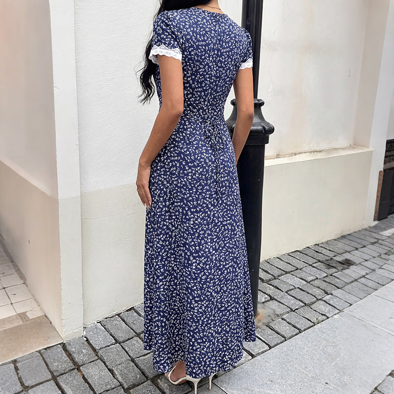 Sweet Vacation Lace V neck Patchwork Short Sleeve Floral Dress HUNDRED