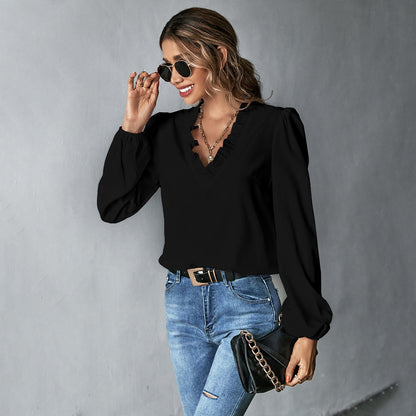 Camisa de oficina holgada de manga larga con cuello en V y volantes para mujer
