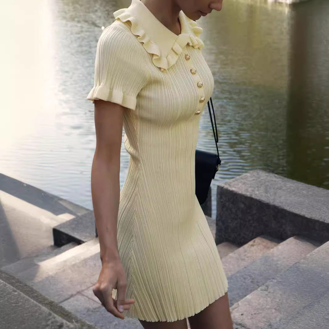 Ruffled Classic Dress Summer Retro French Hepburn Tight Knitted Dress Havana