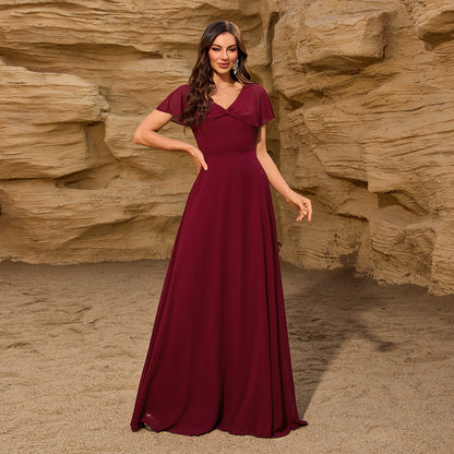 Chiffon V neck Bowknot Shawl Back Zipper a Large Swing Fully Lined Elegant Evening Dress Women