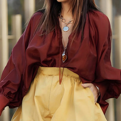 Blusa informal de manga larga con cuello en V y color liso suelta para mujer de otoño