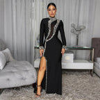 Women Clothing High Collar Long-Sleeved Dress Split Rhinestone Dress Coya