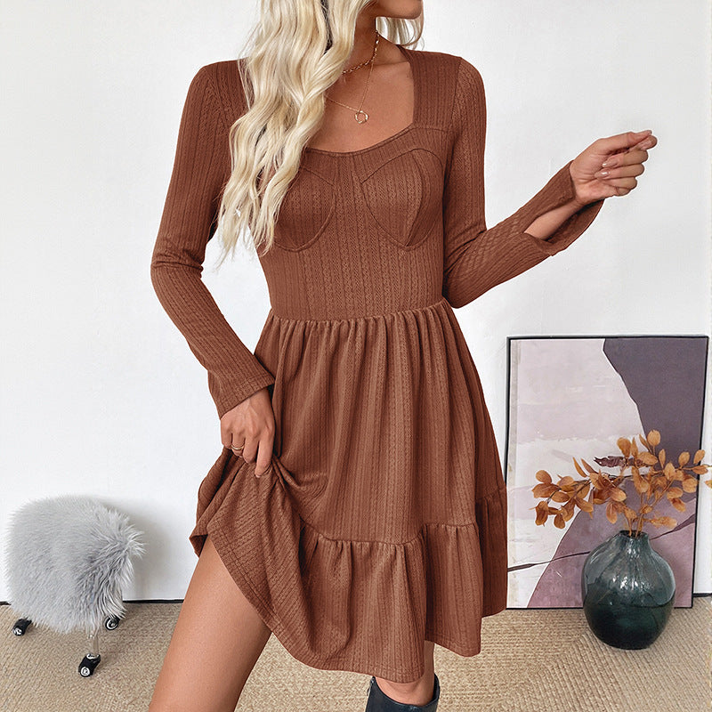 Vestido elegante de otoño con cintura retro, tejido de punto, color liso, cuello cuadrado, corte A