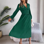 Women Clothing Spring Summer Solid Color V neck Long Sleeve Sexy Slit Dress BAGIISA