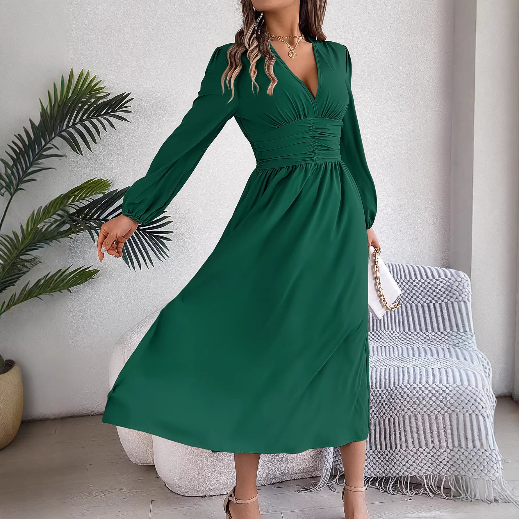 Women Clothing Spring Summer Solid Color V neck Long Sleeve Sexy Slit Dress BAGIISA