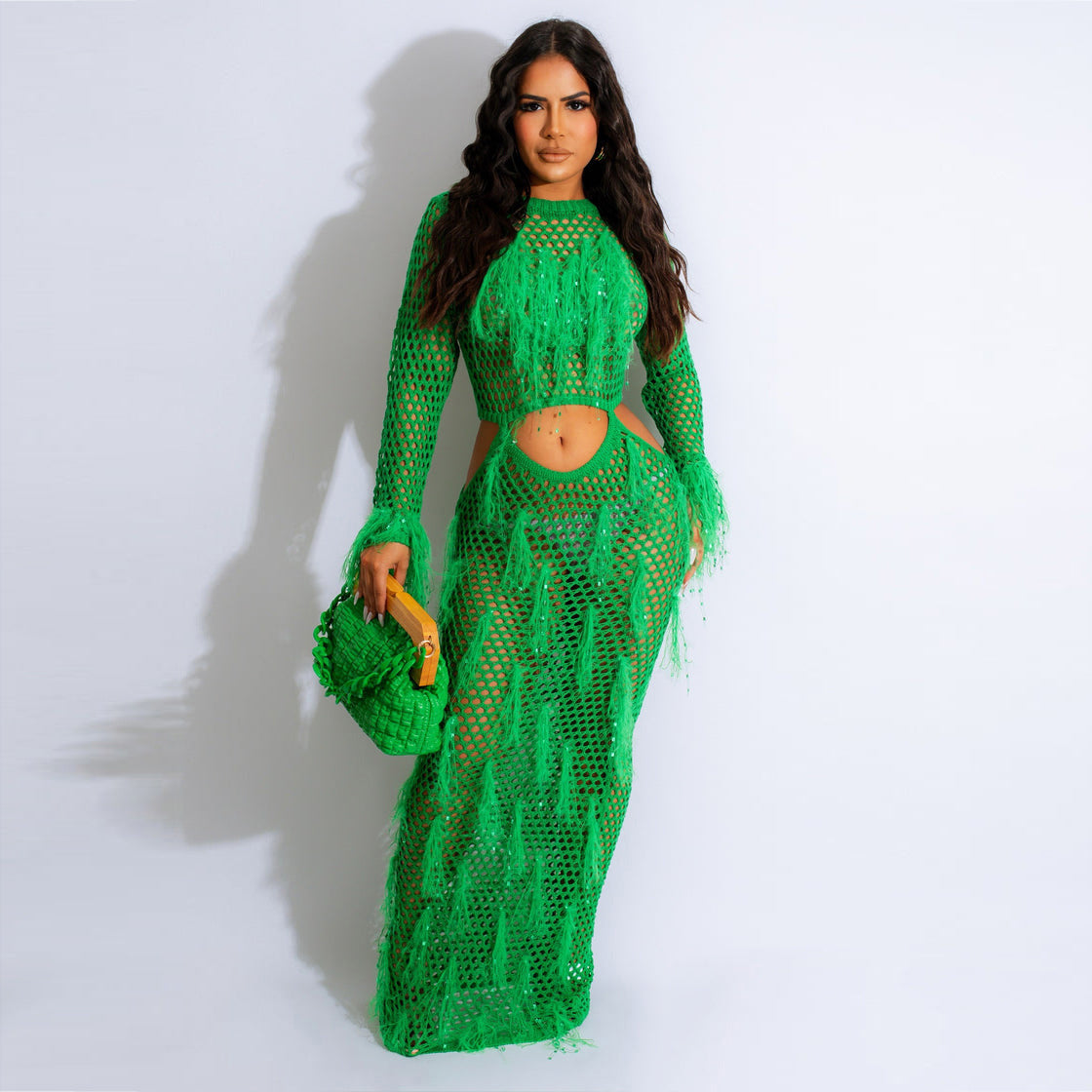 Women Clothing Sexy Handmade Knitted Beach Dress Hollow Out Cutout Out Mink Tassel Maxi Dress MSTYLE