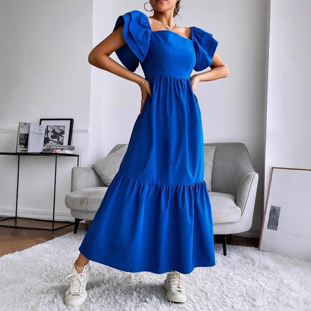 Women Clothing Ruffled A line Dress off Neck Flying Sleeves Solid Color Long Dress DREAMCHIN
