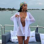 Vestido de verano de malla con cuello alto y dobladillo ancho, manga larga y espalda descubierta para mujer