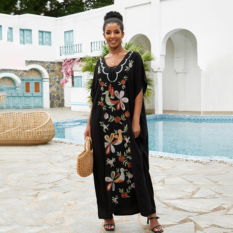 Robe longue de plage brodée, tenue décontractée de vacances pour femmes, chemisier de bikini ou maillot de bain