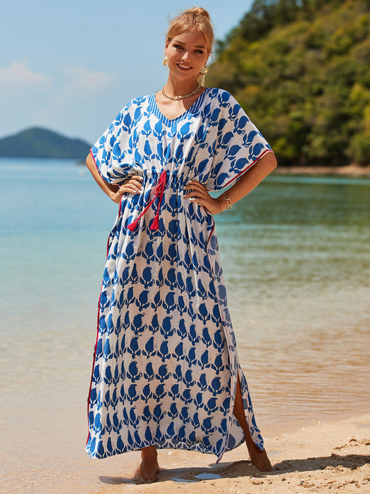 Printed Pull Belt Robe Vacation Casual Beach Bikini Cover