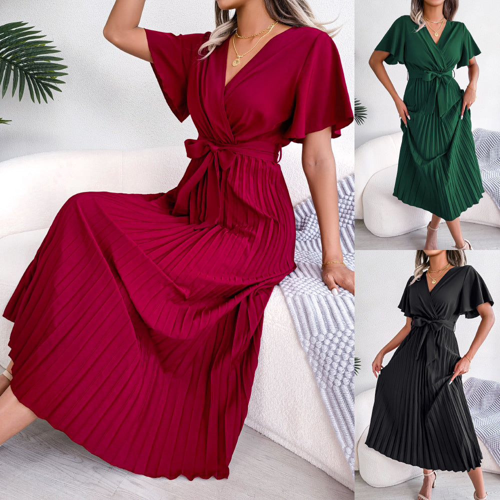 Spring Summer Elegant Criss Cross V-neck Swing Pleated Dress Women Clothing BAGIISA