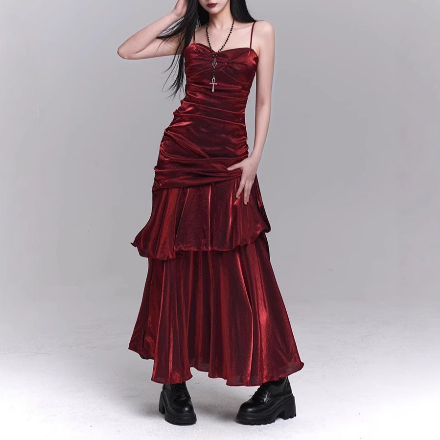 Vestido rojo oscuro con tirantes, vestido de concierto para cumpleaños, vestido de fiesta de alta gama, vestido pequeño