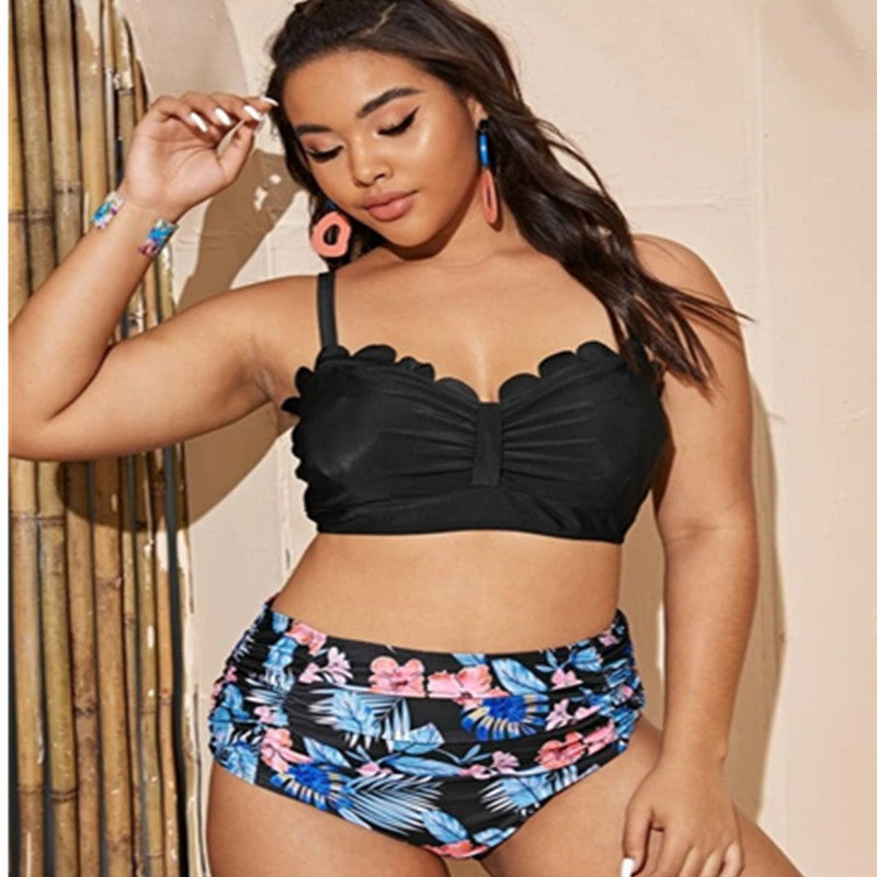 Plus Size Split Swimsuit Printed Cut Edge Contrast Color Women High Waist SwimmingClub