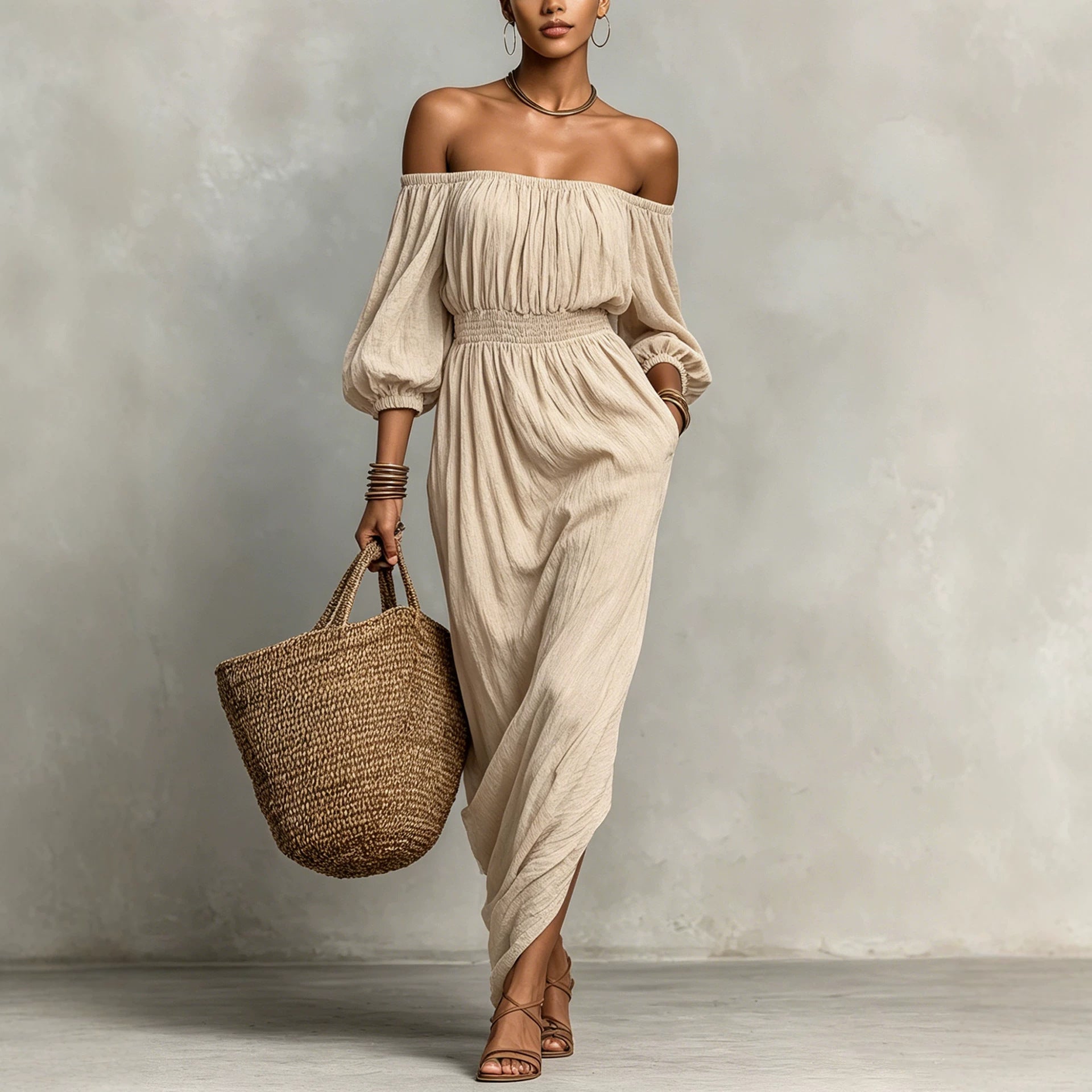 Women Clothing Summer Waist Puff Sleeve Vacation Dress French Casual Dress Apricot off the Shoulder Jumpsuit Rogan