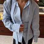 Women Clothing Striped Collared Shirt Women Waist Controlled Long Sleeves Lace up Cardigan Shirt Top Kigali