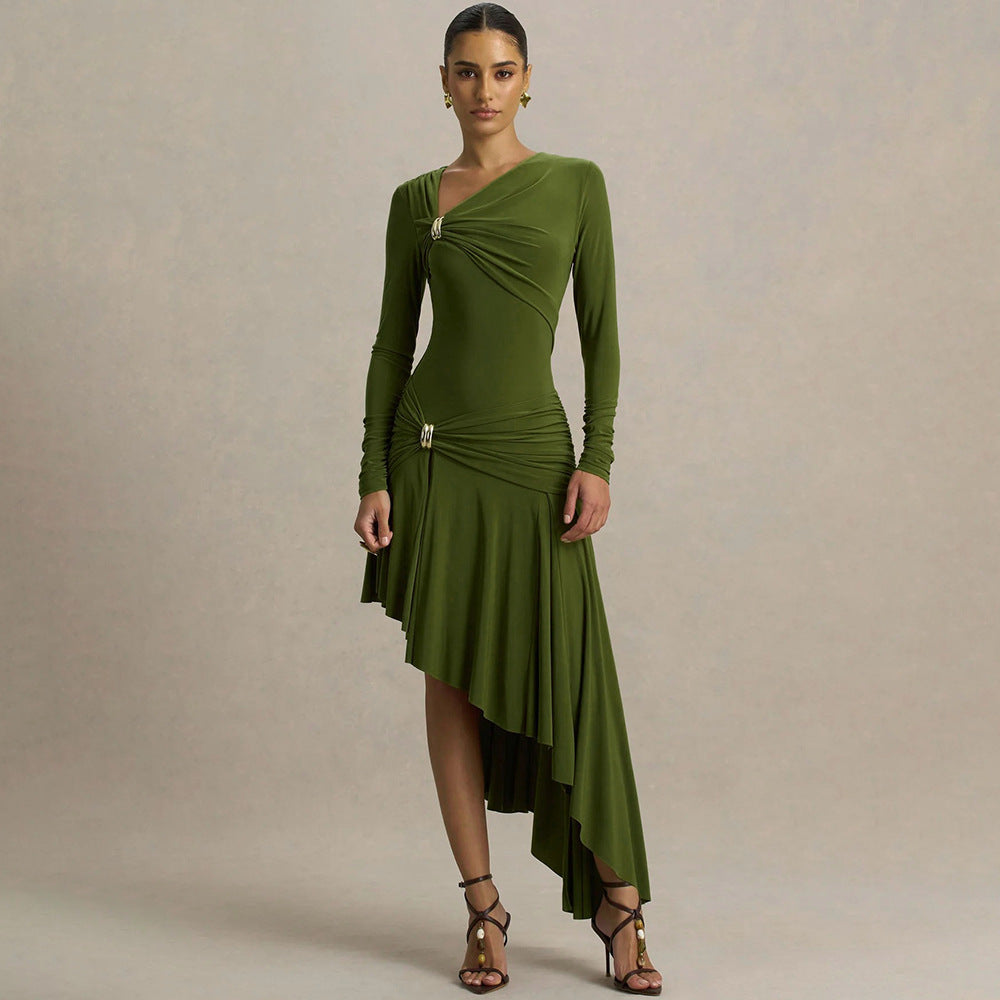 Autumn Winter Graceful Fashionable Women Slim Dress Sexy Pleated Irregular Asymmetric Maxi Dress JULISSA